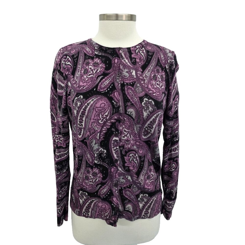 Croft & Barrow Paisley Cardigan Sweater Purple Black‎ Long Sleeve Cotton Size S